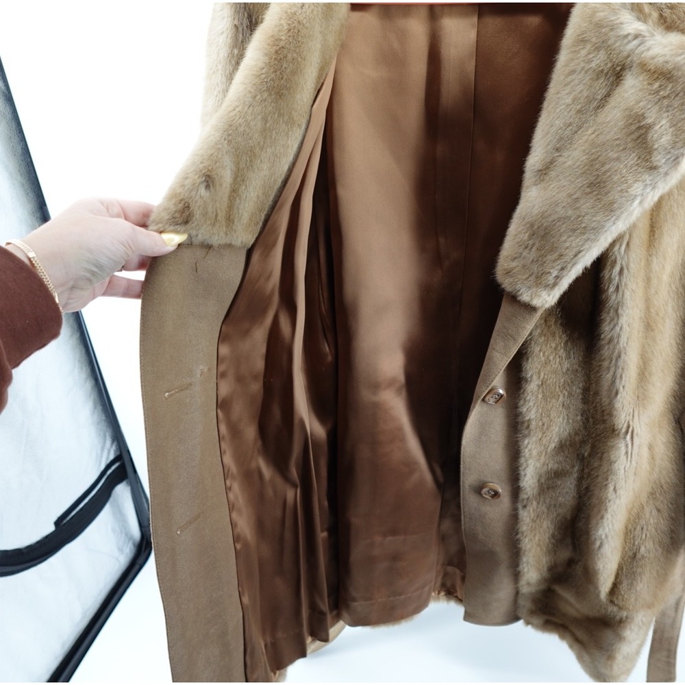 Vintage Furrage Tissavel France Faux Fur Coat Brown Belted Mid Length Jacket - Picture 4 of 8